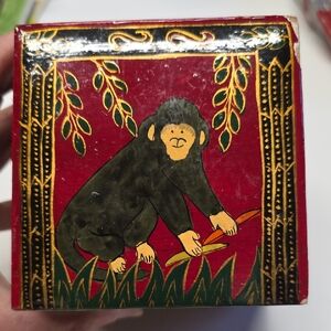 Vintage Wooden Red Decorative Box with Monkey Design, India